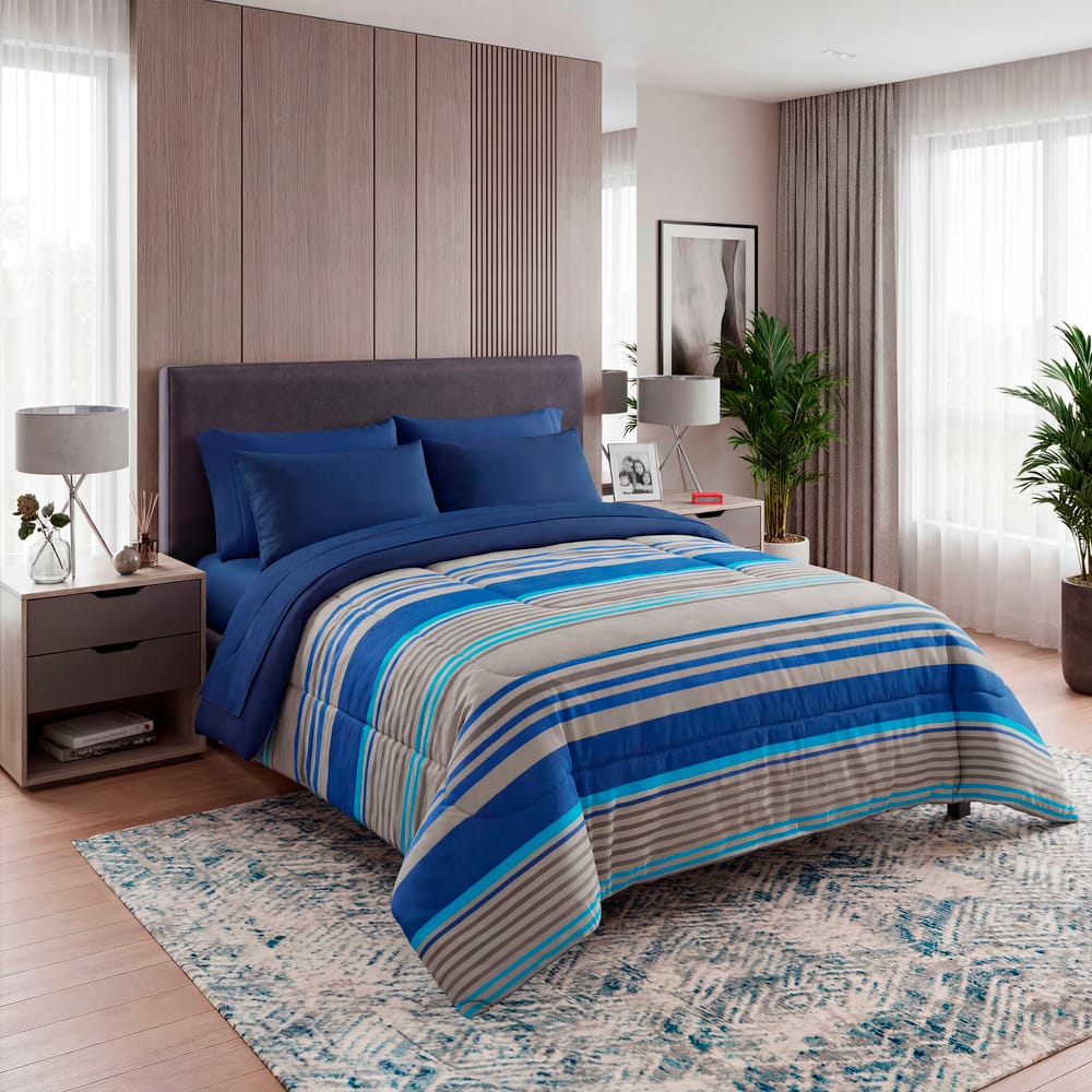 Edredon Ultrasoft Con Sabana Titanio Azul