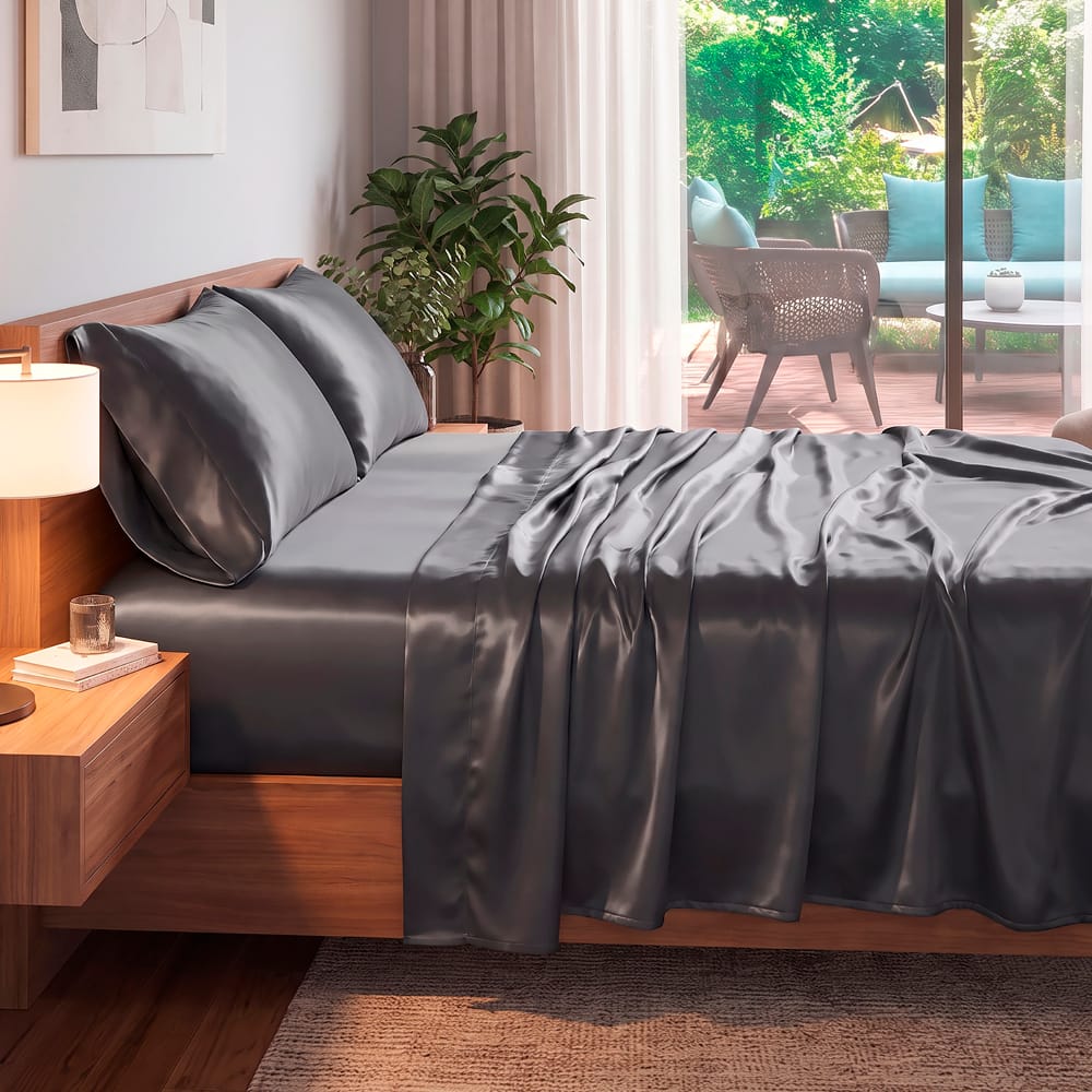 Juego De Sabanas Satin Gris Obscuro