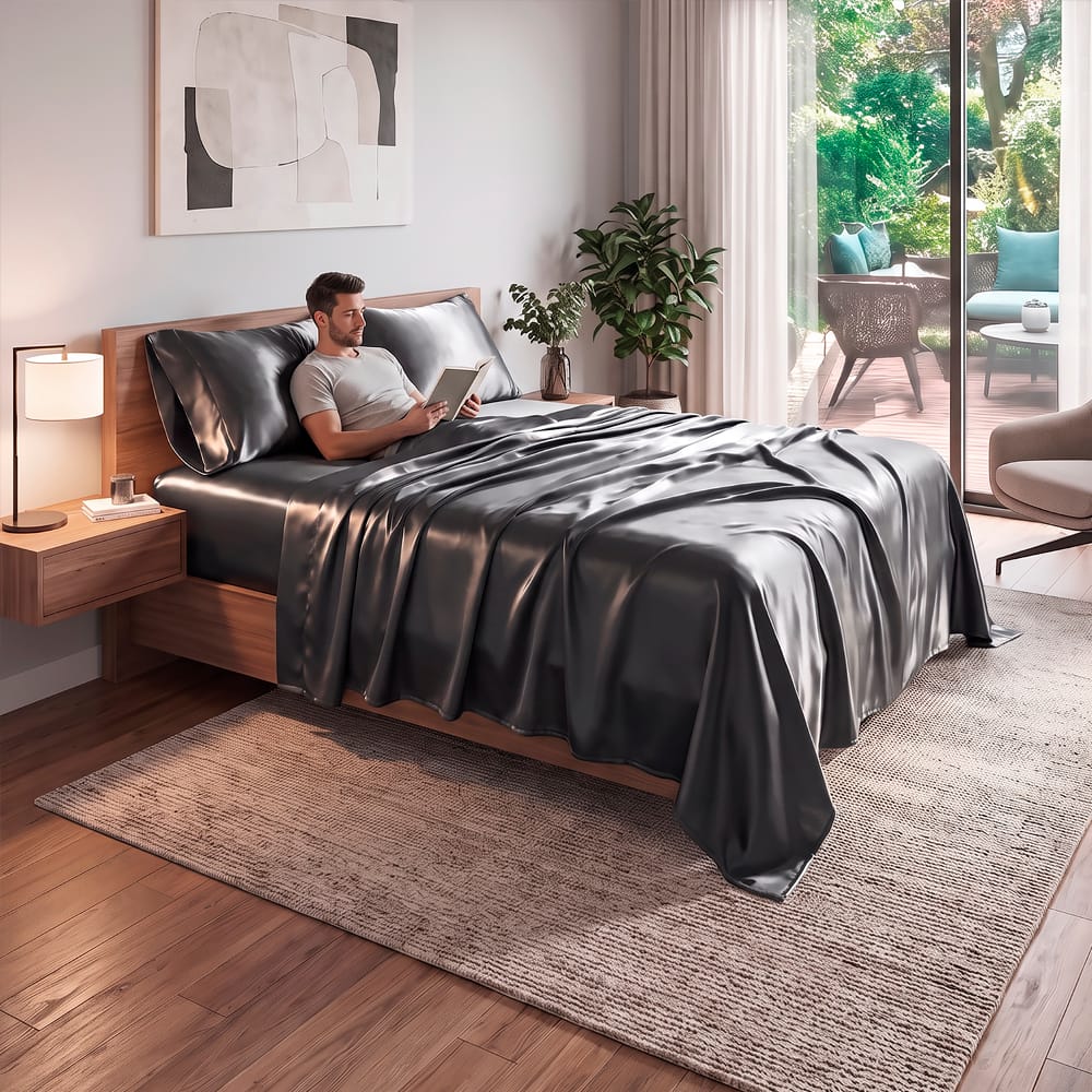 Juego De Sabanas Satin Gris Obscuro