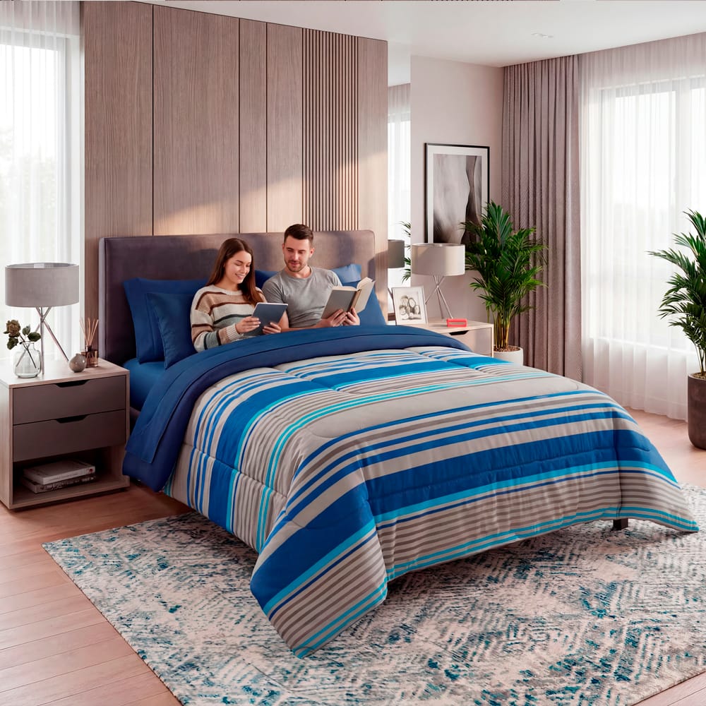 Edredon Ultrasoft Con Sabana Titanio Azul